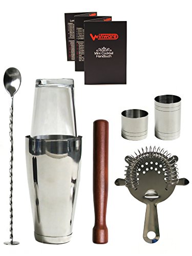 WIN-WARE - Boston Cocktail Shaker Set mit Gift Set with Hawthorne Strainer/ Sieb, Stössel,Barlöffel mit Stössel und 25ml und 50ml Messbecher/ Barmaß für die perfekte Menge jedes Mal - Großartig für den professionellen Barservice oder auch zu Hause!