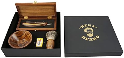 Shaving set with replaceable blades for men - shaving brush made of badger hair, traditional razor in wooden box and shaving bowl in gift set. Barbers set for wet shave of beard and head.