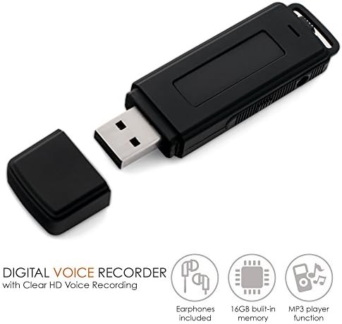 Spy Voice Recorder in Professional 16GB USB Flash Drive | Hidden Built-in Microphone| Selectable Sound Recording Quality 32 or 384Kbps | 1120 hours Recording Capacity 1120 hours | 26 hours battery life | Earphones Included