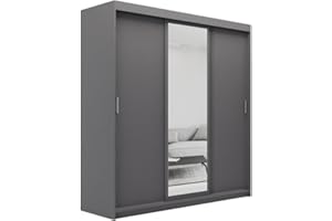 ELUKS OVI Double Sliding Doors Wardrobe with Mirror Furniture for Bedroom Living Room and Hall Wardrobe Organizer Width 100cm/120cm/150cm/180cm/200cm (Grey, 200cm)