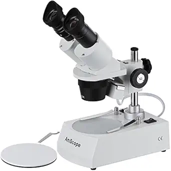 AmScope SE306R-P20 Forward-Mounted Binocular Stereo Microscope, WF20x Eyepieces, 40X and 80X Magnification, 2X and 4X Objectives, Upper and Lower Halogen Lighting, Reversible Black/White Stage Plate