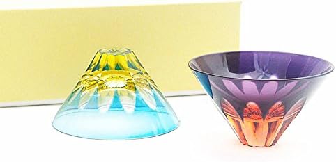 Made in Japan High-Quality Edo Glass Inverted Fujisan (Mt. Fuji) Pair Sake Cup Blue Amber x Purple Pink