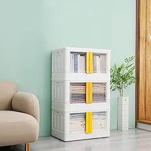 Foldable Toys Storage Box *No Assembly Needed* Clear Plastic Stackable Kids Wardrobe Organizer Cupboard Cabinet, Double Door Front Opening (6 Stackable cuboids | 32 Lt) (X-Small)