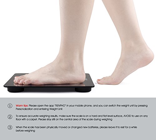 RENPHO® Körperanalysewaage mit Bluetooth /Web Connect Smart Scale/Digitale Personenwaage/Körperfettwaage für Gewicht, Körperfett, Wasseranteil, Muskelanteil, Knochenmasse, BMI Werte, etc. Gratis App: RENPHO für iOS und Android, max. 180kg/0,05kg, Schwarz - 7