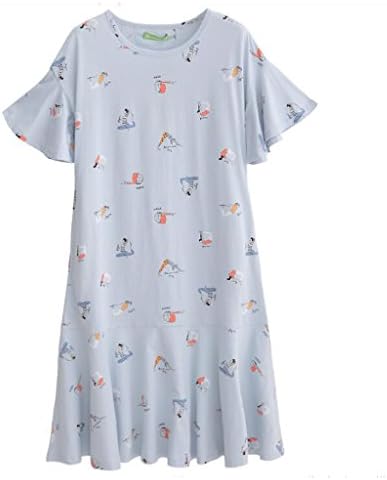 Pajamas ZHAOJING Summer New Women's Cartoon Sleep Skirt Skirt Short-sleeved Round Neck Casual Cotton Home Wear Dress (Color : Light blue, Size : Xxl)