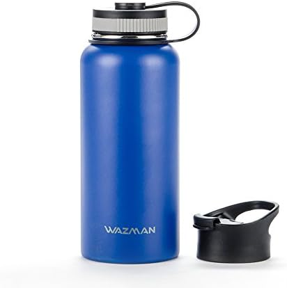 WAZMAN Sports Water bottle, Insulated Stainless Steel Vacuum Double Walled with Wide Mouth and BPA Free for Gym Office Travel Camping Hiking Cycling, 32oz, 2 Lids