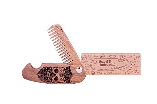 Wooden Beard Comb for Men Folding Pocket Comb for Moustache Beard & Hair Walnut Combs with the Engraving (Skull)