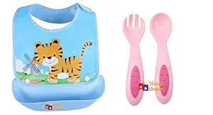 Honey Shopee Easy Grip Spoon and Fork Set with Honeyshopee 1 Piece Waterproof Silicone Washable Crumb Catcher Baby Feeding Eating Bib (Color and Print May Vary)
