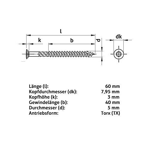 1000 Stück T-INOX 5 x 60 Terrassenschrauben C1 Edelstahl gehärtet Torx, inkl. 2 x Wera TX 25 Edelstahl Bit, Terassenschrauben, Terrassenschraube AISI 410 martensitisch - 3