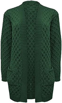 Made by Blush Avenue® Ladies New Long Chunky Cable Waffle Knit Long Boyfriend Pocket Top Cardigan S-XL (L/XL (UK 16-18), Khaki)