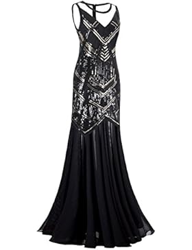 Kayamiya Damen 1920er Jahre Perlen Pailletten Maxi Lange Gatsby Flapper Abendkleid