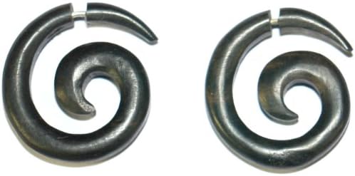 Wooden Earrings spiral fake plugs stretcgers with silver wire deep dark brown ebony wood 1 Pair