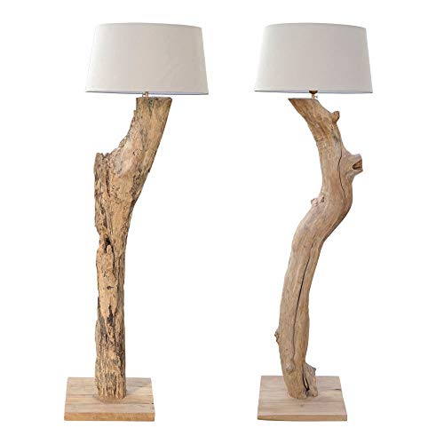 dasmöbelwerk XXL Stehlampe große Leuchte massiv aus Teak Wurzel Holz Lampe Leinen Schirm NEW (Schirm Hell Grau)