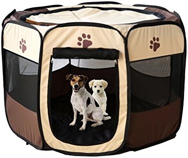 GoodPro Portable Pet House, Folding Tent House for Dog Cat Puppy, Easy Operation with Octagonal Fence Outdoor Supplies (Brown)
