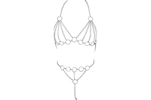 NEEMOSI Frauen Sexy Body Harness Metallkette Cupless BH Körperkette Vest und G-String Bikini Set Kostüm Dessous Damen Sexy Unterwäsche Sets Open Cup Perspektive Harness Iron Chain Kristall Nachtclub