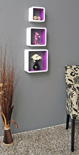 3er Set Lounge Cube Regal Design Retro 70er Wandregal Hängeregal in Weiß Lila - 3