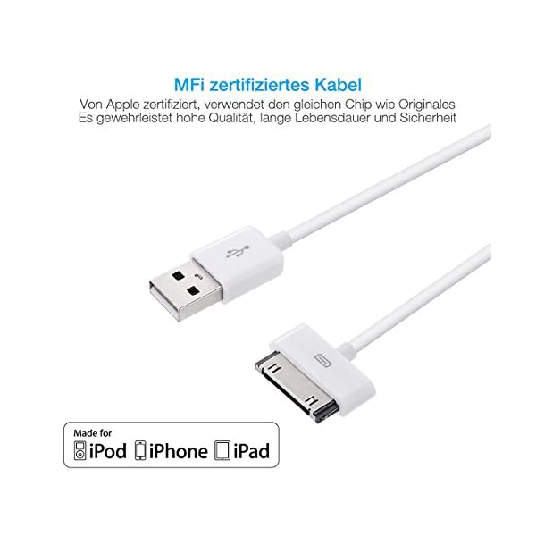 POWERADD [Apple MFi Zertifiziert Apple Synchronisieren und Laden Kabel mit 30 Pin Anschluss Fuer iPhone 4S 4 3GS, iPad 2 3, iPod Touch 2 3 4, iPod Nano 6 – Bild 3