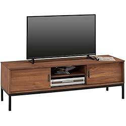 IDIMEX Meuble TV Selma Banc télé de 145 cm au Style Industriel Design Vintage avec 2 Portes coulissantes et 1 Compartiment Ouvert, en pin Massif teinté Brun foncé