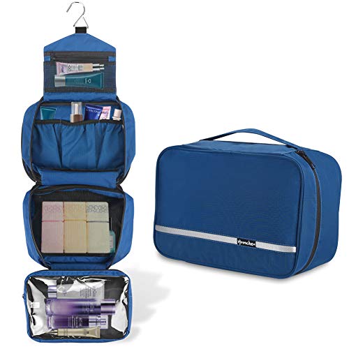 Jiemei - Bolsa de Aseo para Colgar para Hombres y Mujeres con 4 Compartimentos, Plegable, tamaño Compacto, 2 Unidades de Perchas portátiles como Regalo Size L- Dark Blue Large