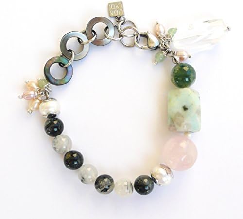 Stainless Steel Bracelet in Rose Quartz, Tourmaline Quartz, Rock Crystal, Real Freshwater Cultured Pearls, Moss Agate, Mother-of-Pearl.