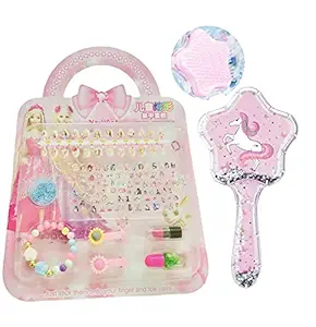 Le Delite Unicorn Vanity nail art kit make up for Girls kids Artificial Nails Bracelet Lipstick nail paint polish glitter star Hair Brush comb for bag Clips Return Gifts /Pretend Nail Games home salon