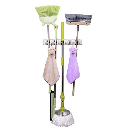Besen Mop Halter, Gerätehalter Besen und Mopp Wand montiert Veranstalter Gartenwerkzeuge Speicher Garage Speicherlösungen 5 Position mit 6 Haken von JISIMA - 3