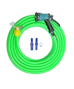 SUNICE Long Lasting Flexible Garden Pipe with Spray Nozzle Gun and Clamp Rings and Pipe Jointer and Microfiber Wash Mitt Gloves for Gardening, Car Wash, Floor Clean, Pet Bath (Multicolour, 10 Meters)