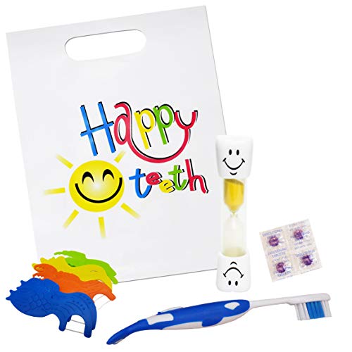 Preisvergleich Produktbild Glückliche Zahn-Geschenk-Tasche"Happy Teeth" ~ Zahnbürste der Kinder, Timer, freigebende Tabletten und Glasschlacke
