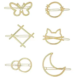 Karki Fusion Gold Plated Geometric Trendy Vintage Minimalist Metal Gold Hair Clips/ Hair Pins Clamps (Butterfly, Square, Circle, Cat & Moon) Pattern for Women & Girls (Gold) (Pack of 6)