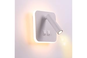TWSXTE Applique da comodino orientabile Lampada da Parete camera da letto Faretto da camera da letto luce per la lettura 3000K (3W + 10W) (Quadrato Bianco)