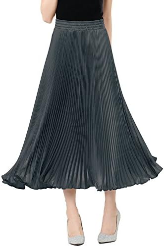 Relaxfeel Elastic Waist Metallic Luster Bright Silk Pleated Vintage Long Skirt