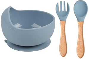 VergilSon Baby Feeding Bowl and Spoon Set, Food Grade Silicone Suction Cup Bowl and Wooden Spoon and Fork with Stay Put Silicone Suction Ring, Gift for Toddler Children Girls Boys (Blue)