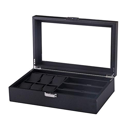Preisvergleich Produktbild Kamiwwso 6 Uhren +3 Gläser Leder Aufbewahrungsbox Schmuck Aufbewahrungskoffer mit Glasdeckel (Color : Black)