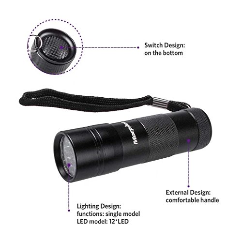 Schwarzlichtlampe Morpilot 12 LED UV Taschenlampe Schwarzlicht für eingetrocknete Flecken Ihrer Hunde, Katzen und Nagetiere auf Teppichen, Vorhänge , Gardinen, Möbel und anderen Stoffen ,sogar für Nagel trocken (Batterien nicht im Paket) [Energieklasse A+++] - 4