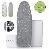 Housse de repassage LAMODO 120x40 pour fers à repasser à vapeur en 100% coton avec rembourrage extra épais et revêtement - bande élastique et fermeture velcro élégante + conseils pour le repassage