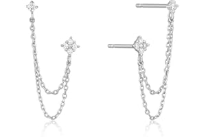 BSLVWG 4 Fourches CZ rond goujon avec boucle de chaîne boucles d'oreilles en argent sterling s925 pour les femmes filles cartilage double piercing