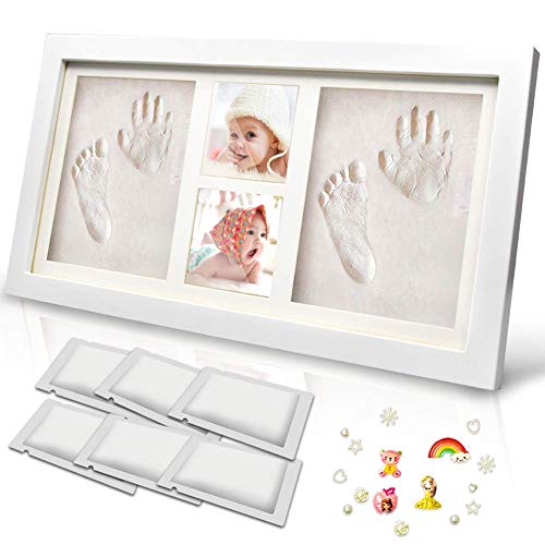 Baby Hand and Footprint Picture Frame Kit - Memorable Keepsakes Gift for New Born, Baby Shower or Christening Gift, Toddlers Birthday presents Premium Clay & Wood Frames with 6 pack of Clay