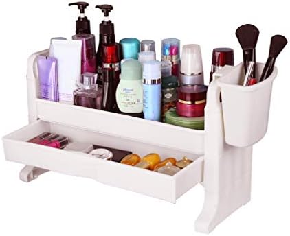 BAOYOUNI Plastic Makeup Organizer Caddy Cosmetic Storage Tray Display Box with Brush Holder & Jewelry Drawer for Bathroom Vanity and Dresser Countertop - Ivory