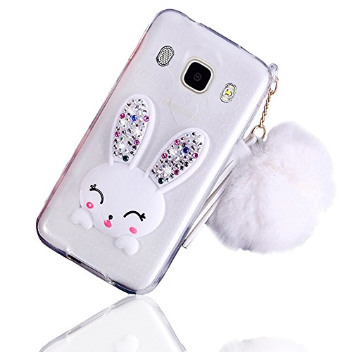 Sunroyal Lovely Ultra Thin Faltbare Cartoon Funny Smile Bunny Glitzer Bling Diamant Rabbit Ear Schutzhülle Transparent Bumper Zurück Zubehör Set Silikon Gel Hülle Rückseite für Samsung Galaxy J7 2016 mit Standfunktion Schale Handy Tasche Case , Weiß Muster Design Hülle Handy Cover Etui