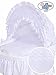**BRAND NEW LUXURY WHITE WICKER CRIB / MOSES BASKET / BASSINET WITH HOOD, SOLID WHITE WOODEN BASE, WHITE WITH LACE BEDDING SET + BRITISH MADE MATTRESS