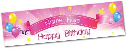 Personalised Happy Birthday Party Banner 60 x 17 inches - Pink Stars &amp; Balloons