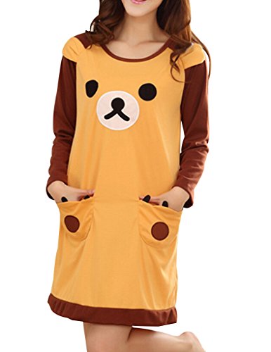 VENTELAN Women's Cartoon Bear Printed Dresses Long Sleeve Loose Waist Pyjamas