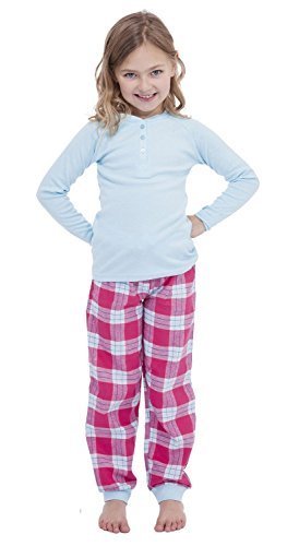 Childrens Girls Nightwear/Sleepwear Plain Long Sleeve Top & Check Printed Pyjamas SetWith Elasticated Waist (4-5 Yrs, Pink Blue)