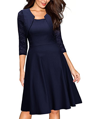 Miusol Femme Robe Vintage Rétro Cocktail Plissée Années 50 Dentelle Pin up Rockabilly Robe de soirée Manches 3/4 Bleu S