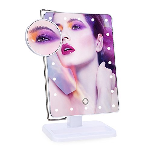 20 Dimmbare LED Make-up Spiegel, Touch Screen Dimmen Kompakt Spiegel mit Beweglichen 10X Vergrößerung Spot, Bidirektionaler Schwenkbeleuchtung Kosmetikspiegel, Eitelkeitsspiegel Rasierspiegel für Make up, Dressing, Pflegen, Zahnseide (Weiß)