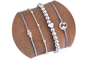 Branets Boho Layered Bead Bracelets Set Silver Map Bracelet Opal Hand Chain Jewelry Accessories for Women and Girls(4 Pcs)