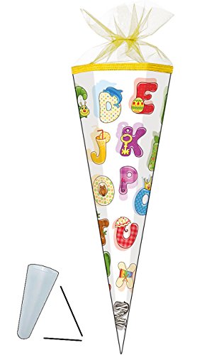 Schultüte - " buntes ABC - Alphabet " - 22 / 35 / 50 / 70 / 85 cm - Zuckertüte - ALLE Größen - Nestler - rund oder eckig - mit / ohne Kunststoff Spitze - für Jungen & Mädchen - lustige bunte Buchstaben lernen - Buchstabe lesen üben / Schultüten - Geschenktüte - Schulanfang - Schulbeginn