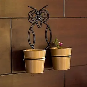 UV The The Owl Buckets || Metal Wall Planters Pot for Indoor Plants with Holder (Set of 2, Galvanized Iron) - Wall Mounted Planters with Stand Plant Containers || Pack of 2