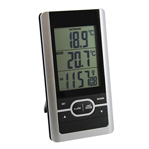 DCF Digital Innen Thermometer mit Außensender und Beleuchtung . Min Max , Funk Uhr und Wecker Funktionen und Analog universal Klebethermometer als Set (SB1117N)