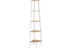 ‎VASAGLE VASAGLE Regał narożny, 5-poziomowa półka narożna, regał drabinkowy do salonu, regał na książki lub stojak na rośliny, industrialne meble akcentujące, naturalny dąb i matowa biel LLS35Y01